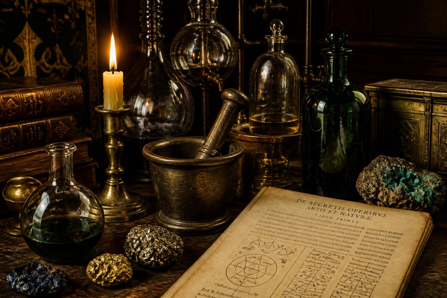 Historical alchemical laboratory with furnace, glassware, manuscript and a small red substance symbolising the Philosopher's Stone.