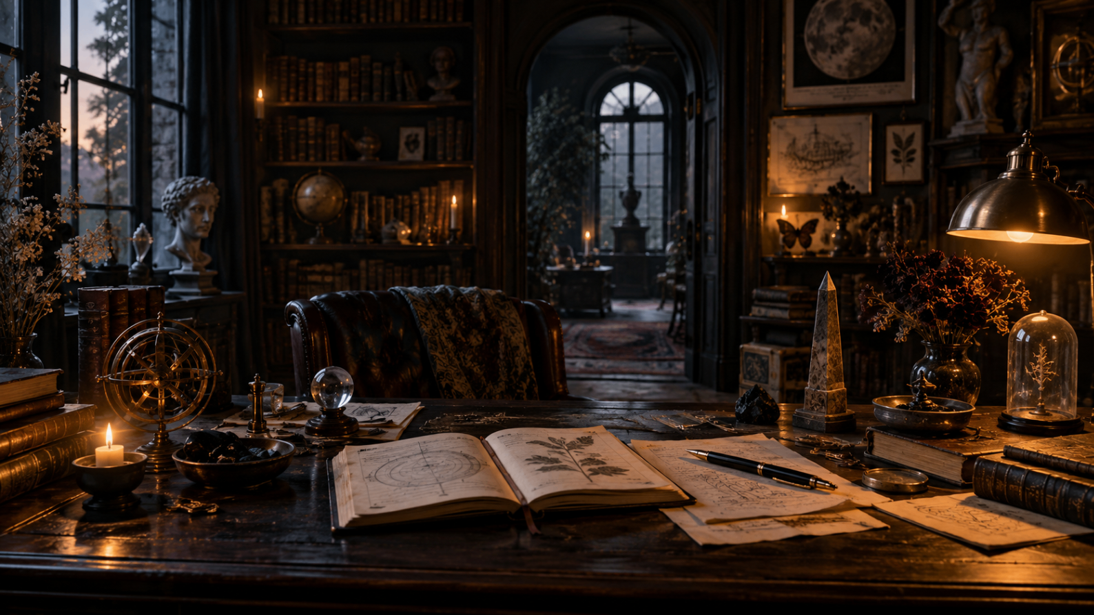 A candlelit cabinet of curiosities: an open manuscript on a dark wooden desk, brass instruments, dried botanicals and a lit doorway beyond.