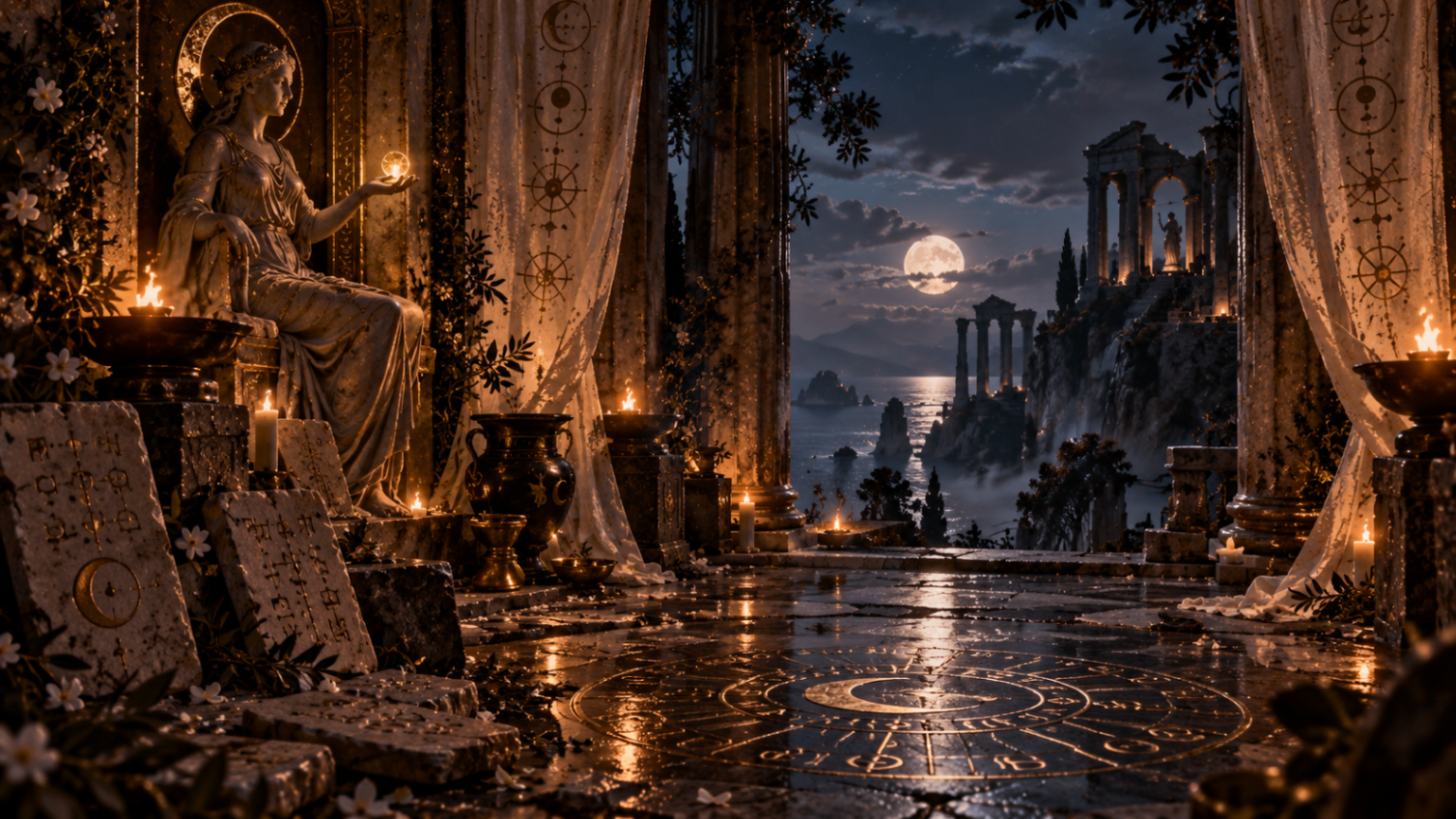A moonlit temple interior with sacred sigils carved into the stone floor and inscribed tablets along the walls.