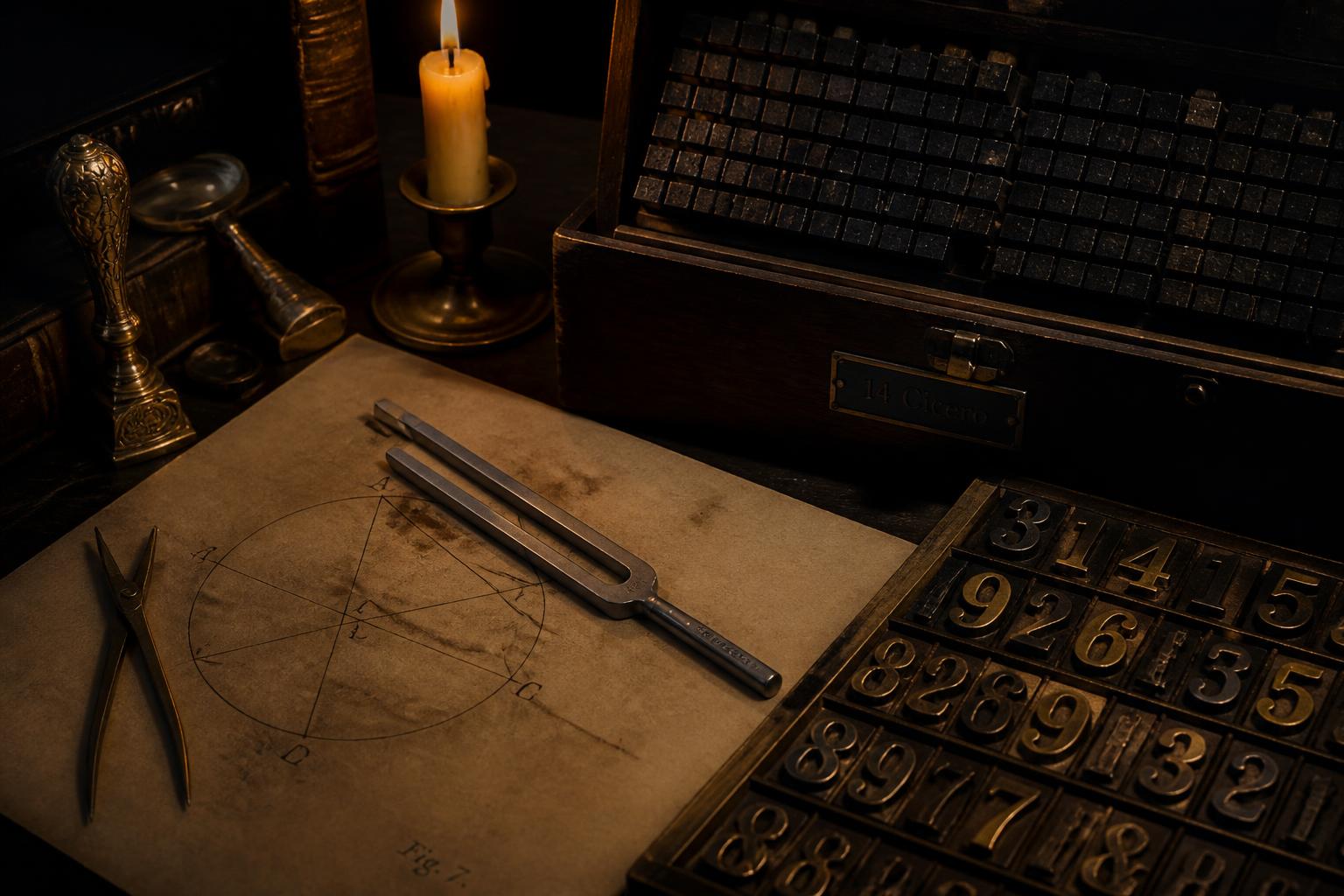 Ancient letters, numerals, manuscript symbols and geometric diagrams layered together to show how writing, number, sound and image overlap.