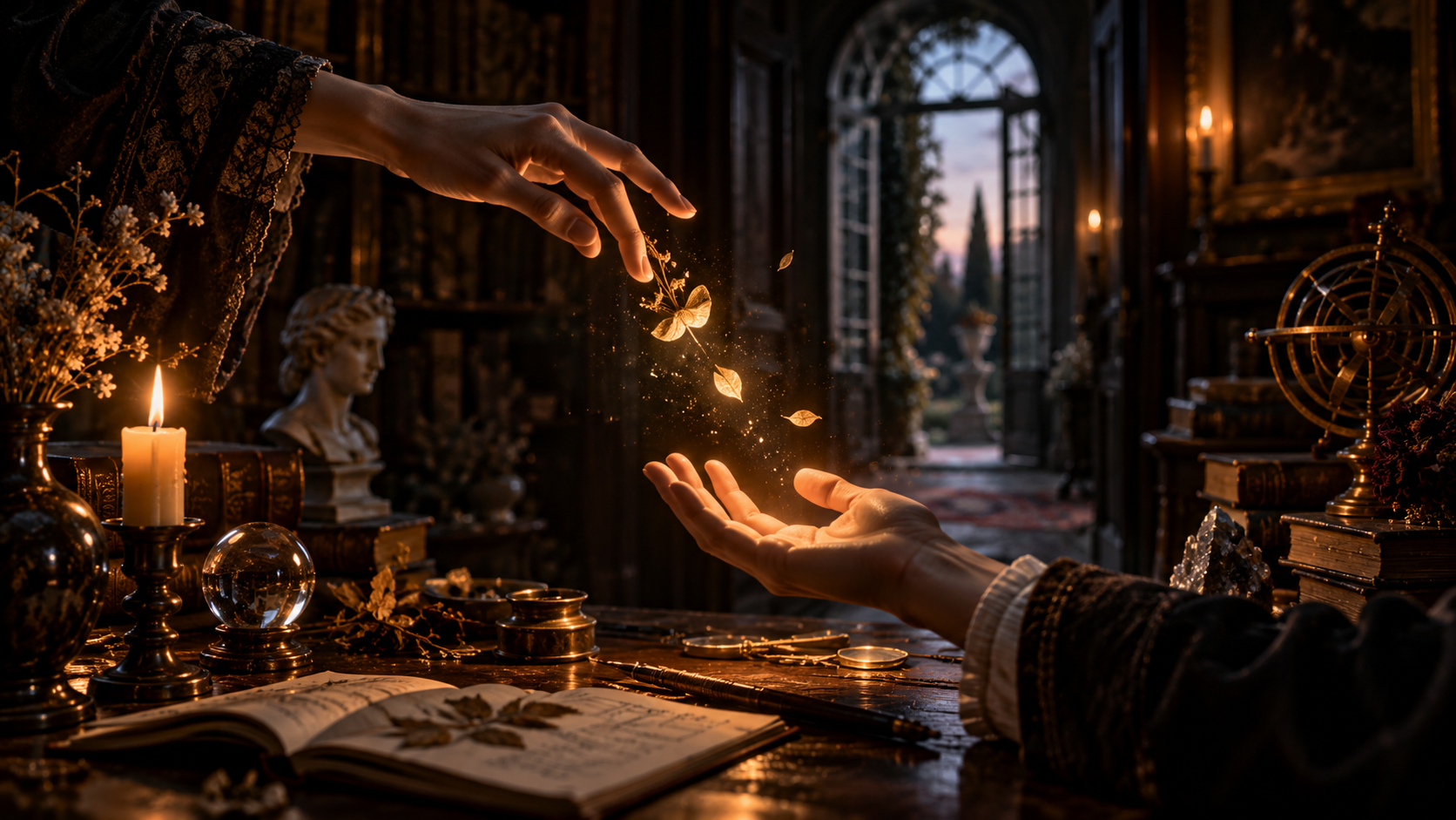 Two hands offering a small gilded object across a candlelit study table strewn with golden leaves.
