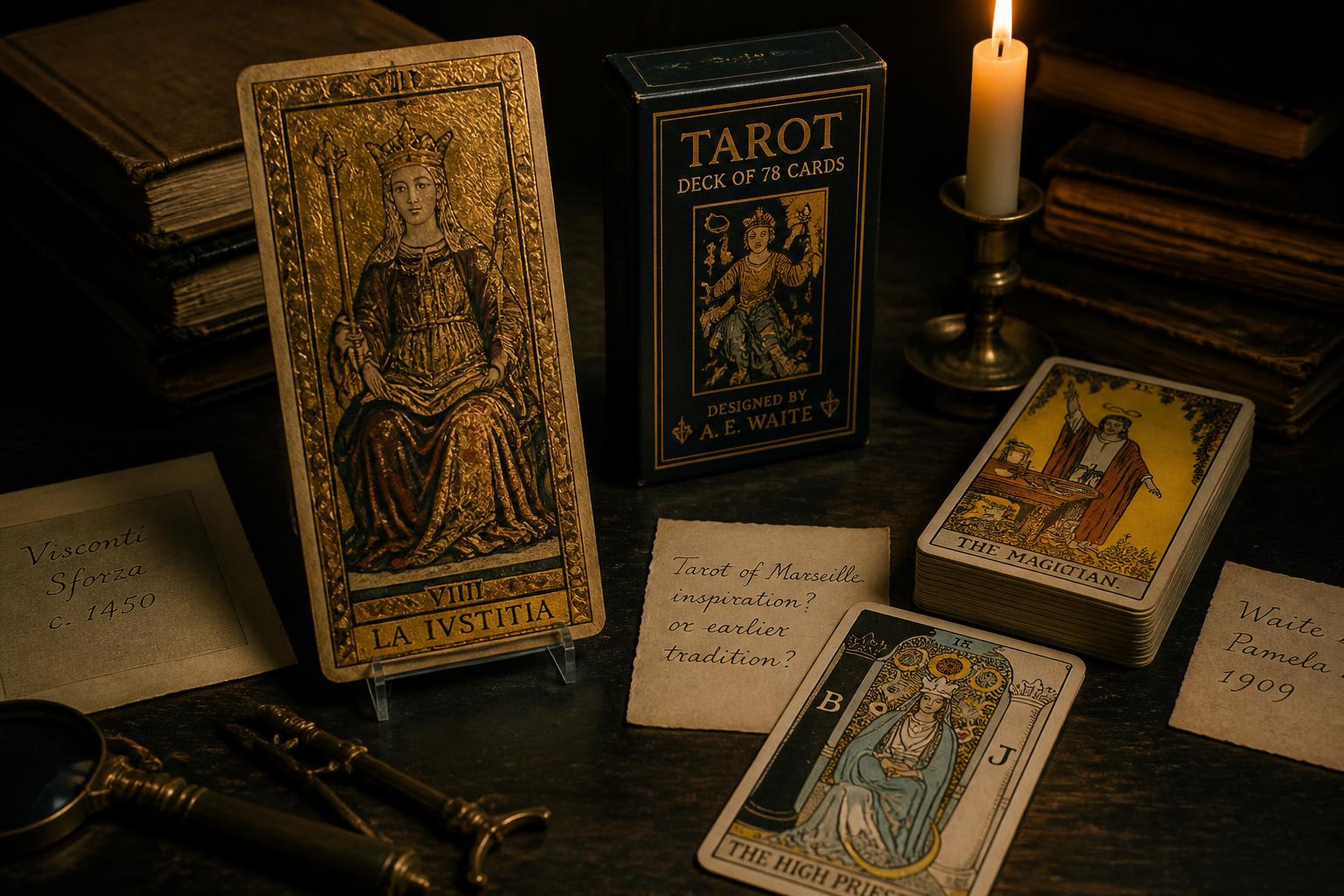 Early Italian tarot cards beside later occult tarot imagery, showing the historical transformation of tarot from game to divinatory symbol system.