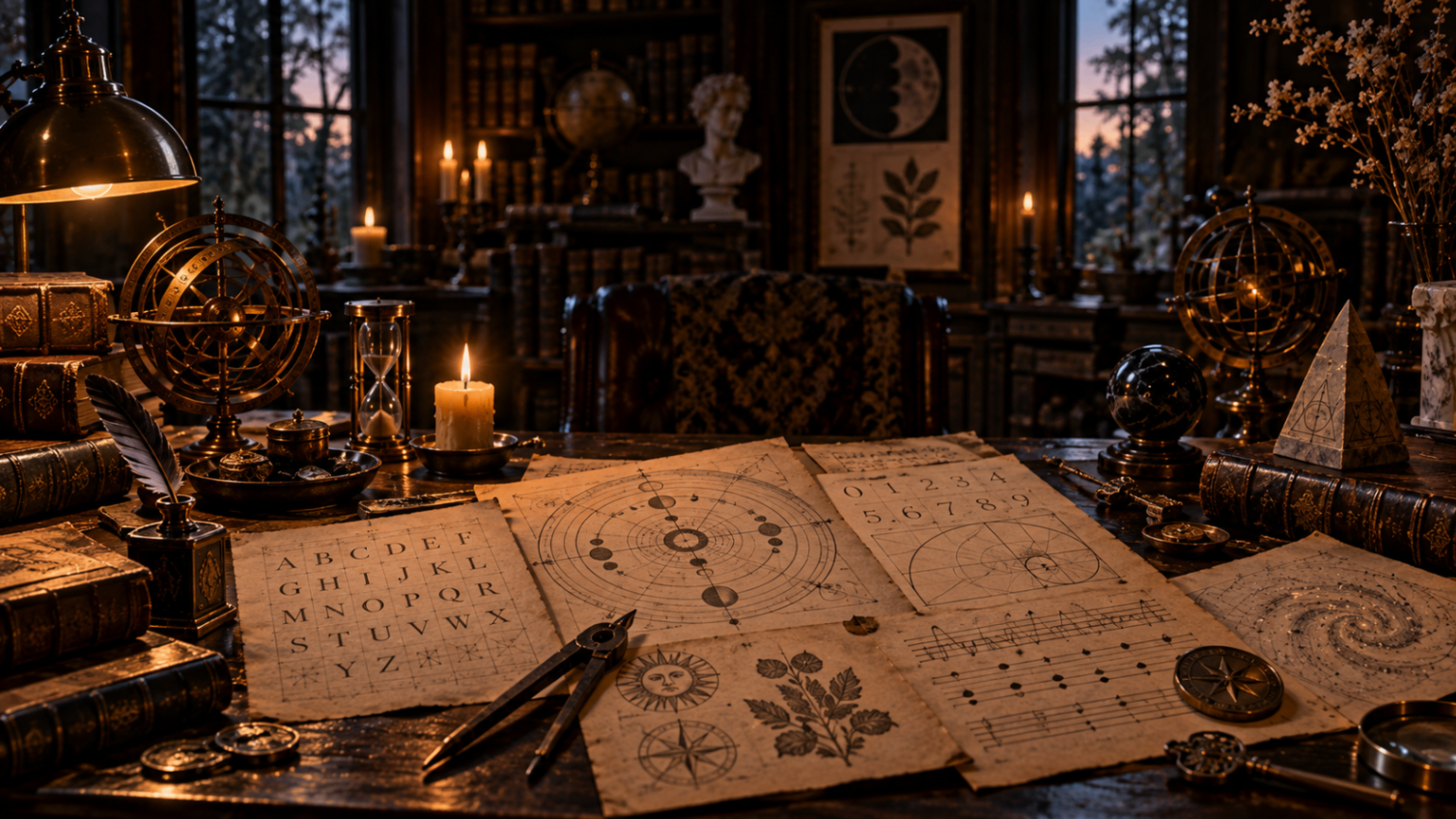 An alchemist's study table covered with letters, numerals and geometric diagrams drawn in gold on aged paper.
