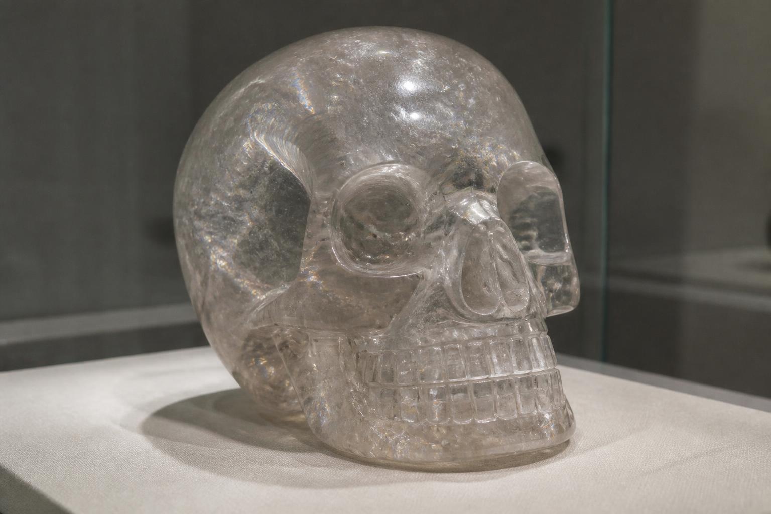 Rock-crystal skull photographed in museum lighting, highlighting the craftsmanship and mystery surrounding crystal-skull legends.