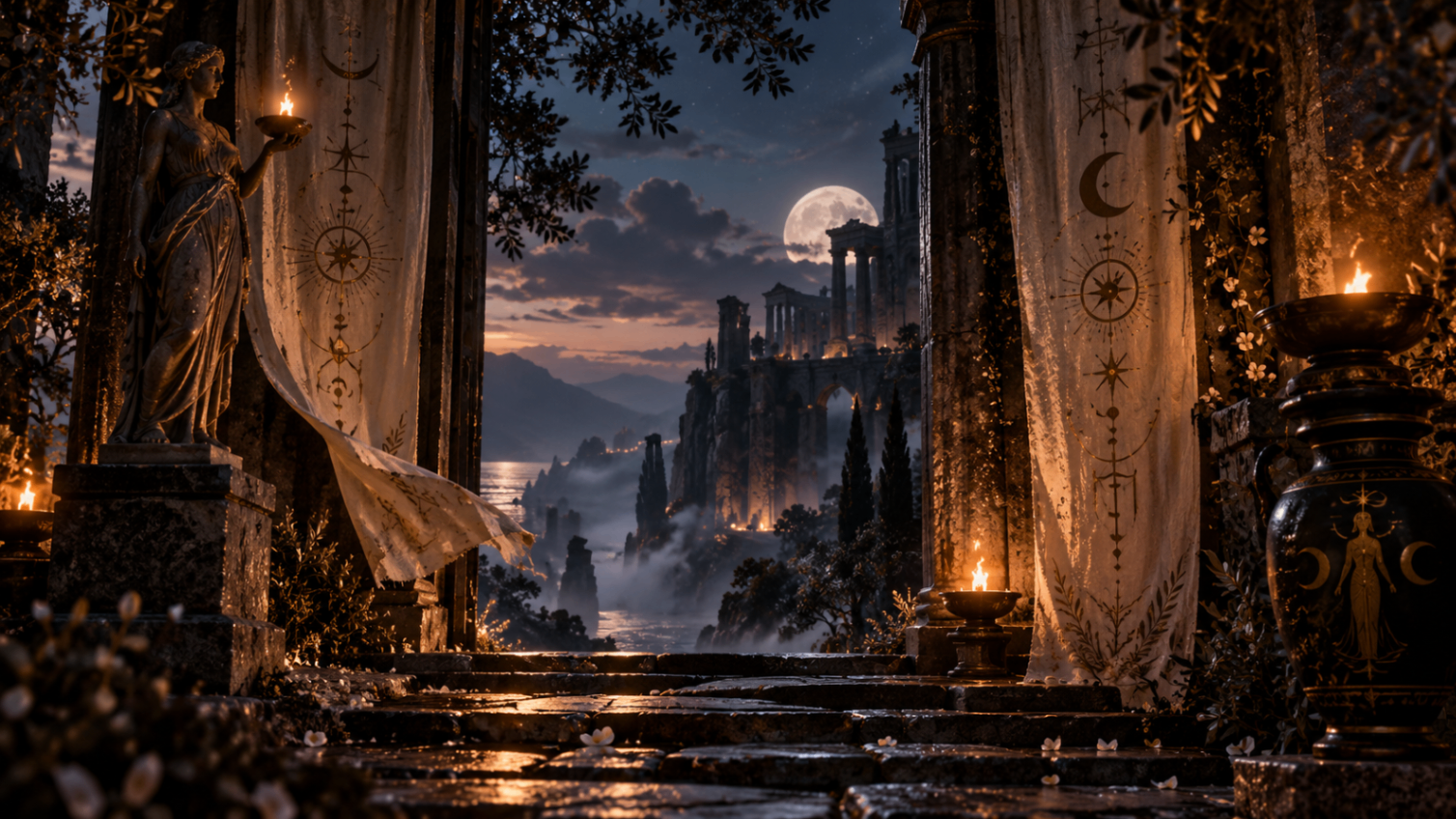 A moonlit stone gateway among ruined columns, opening onto a still nocturnal landscape.