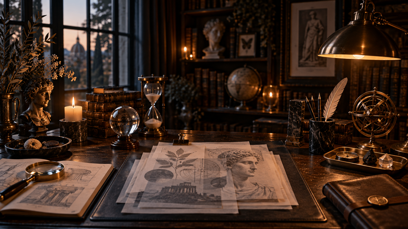 A scholar's desk in low golden light with an hourglass, engraved prints, a marble bust and a magnifying glass.