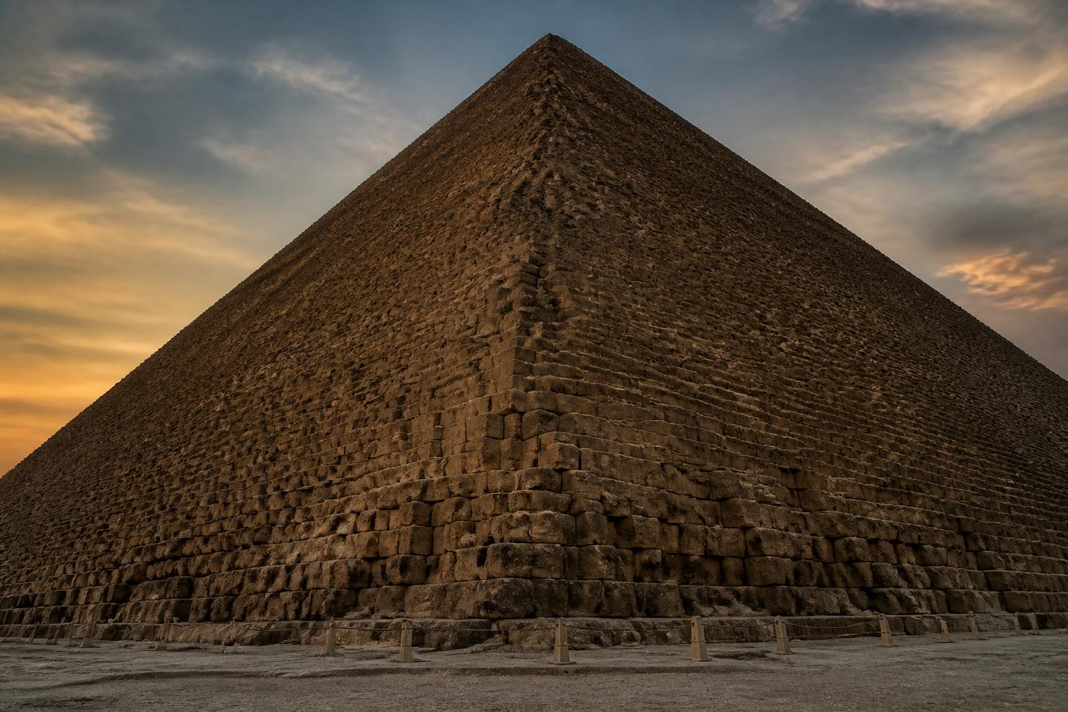 Cutaway view of the Great Pyramid showing chambers, passages, stone layers and subtle resonance-wave visualisation.