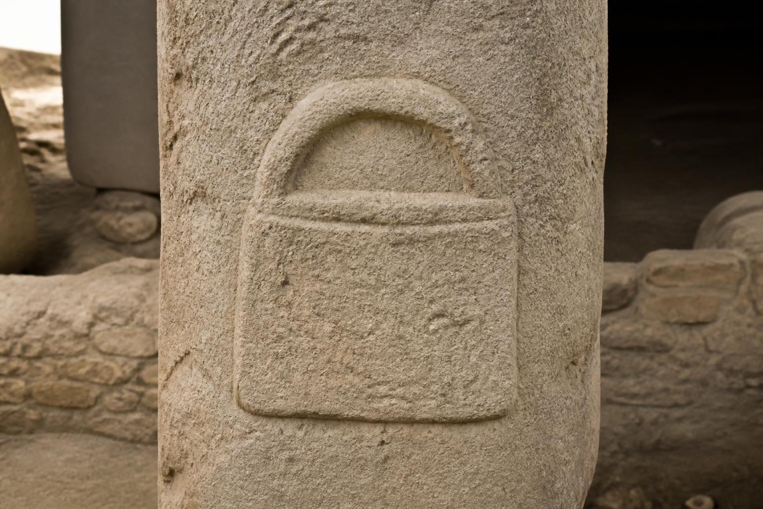 Prehistoric Gobekli Tepe symbols beside an Assyrian relief figure carrying a ritual bucket, comparing two ancient forms often described as handbags.