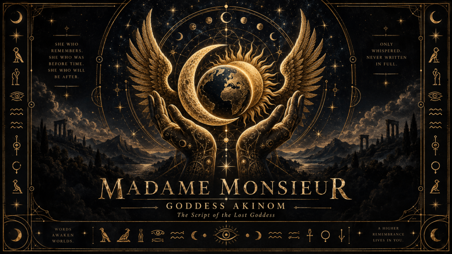 A gilded celestial emblem of the goddess Akinom, ringed by stars and symbolic script.