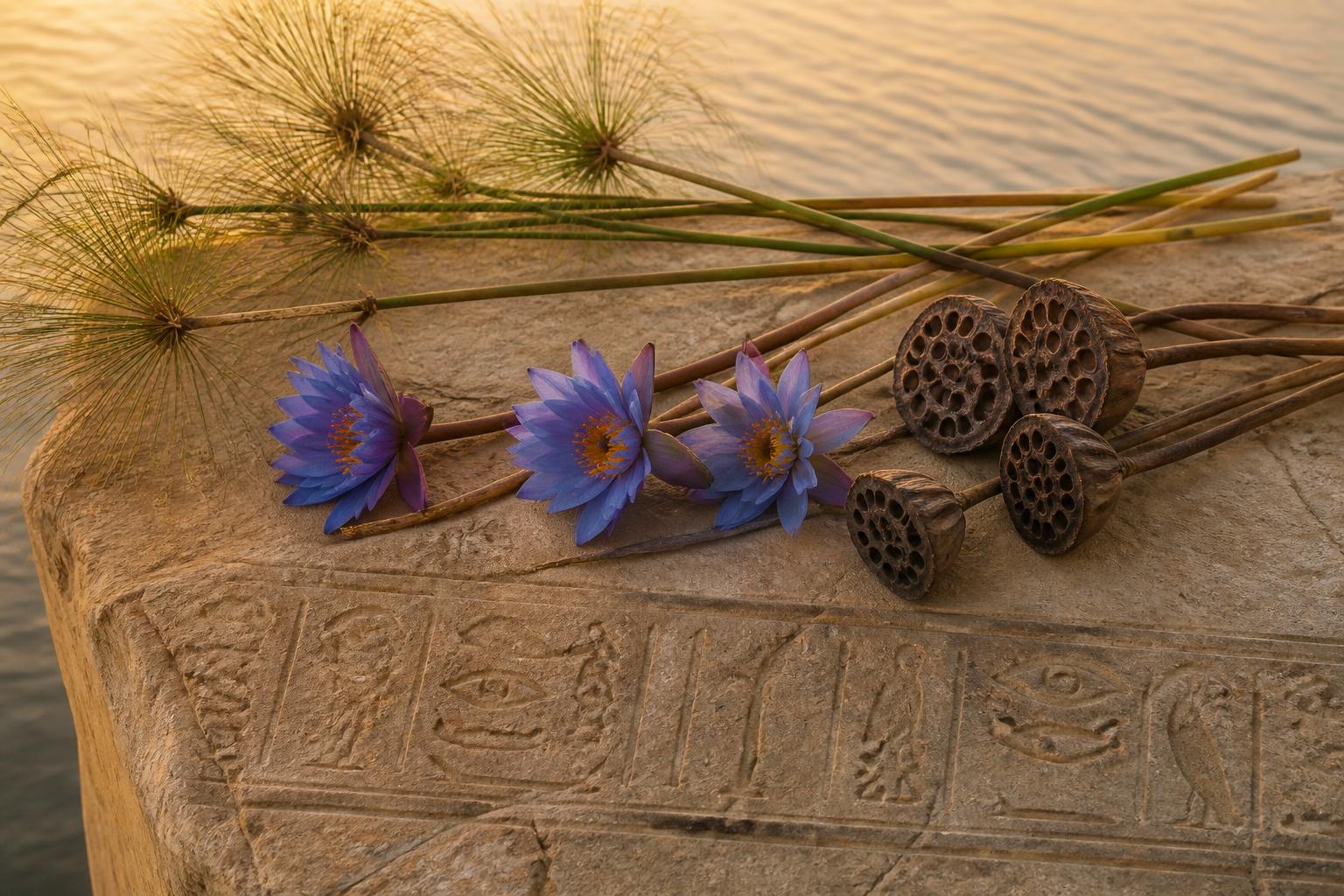 Blue water lily, papyrus, acacia, date fruit and mandrake arranged beside ancient Egyptian objects to illustrate plant symbolism.