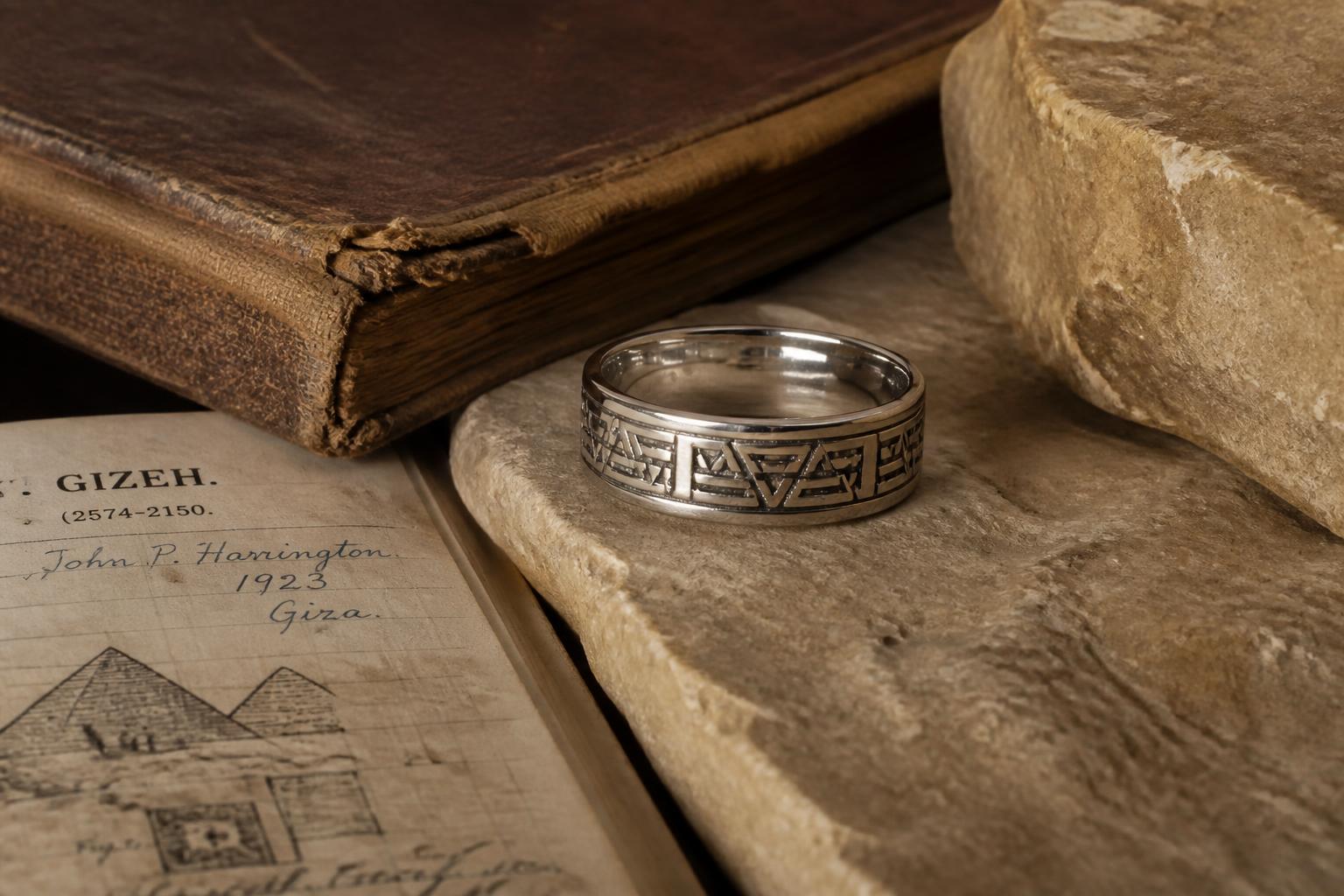 A geometric Atlantis-style ring photographed beside Egyptian archaeological notes, highlighting the tension between its Egyptian origin story and Atlantean name.