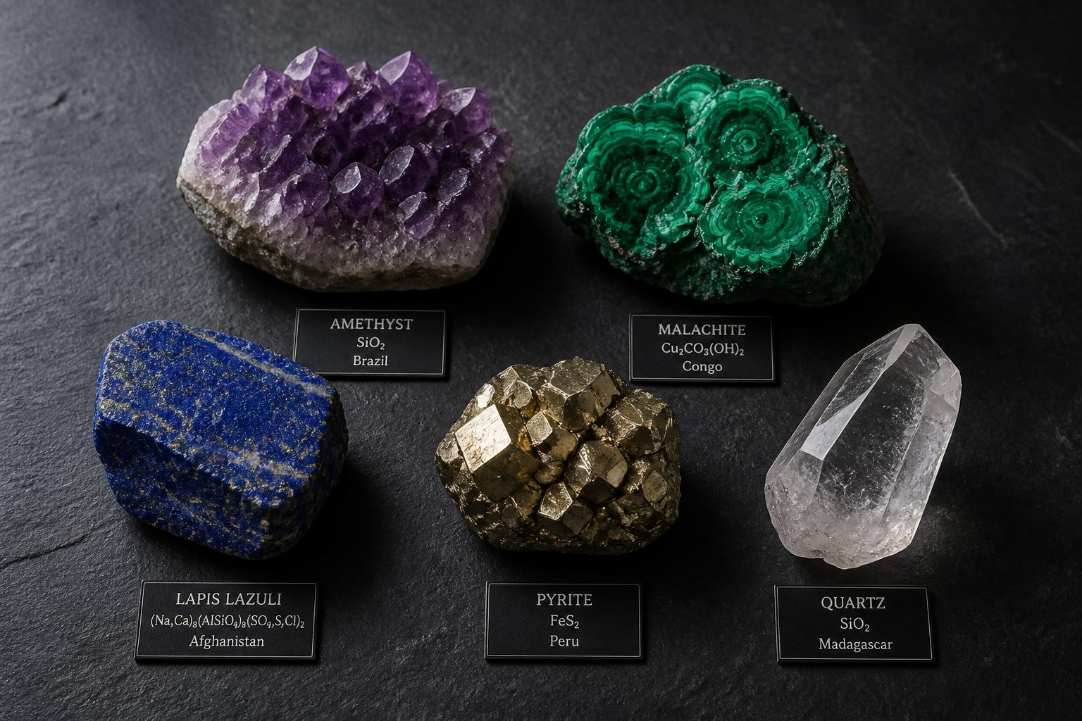 Quartz, lapis lazuli, magnetite and amethyst displayed as mineral specimens beside a subtle human reflection.